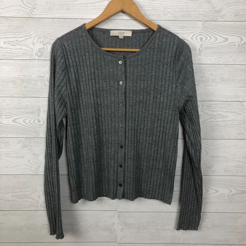 Ann Taylor LOFT Women's XL Ribbed Long Sleeve Button Front Shirt Gray Casual